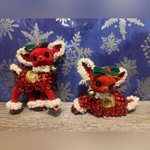 Vintage Festive Red and White Beaded/ Sequin Reindeer Ornaments